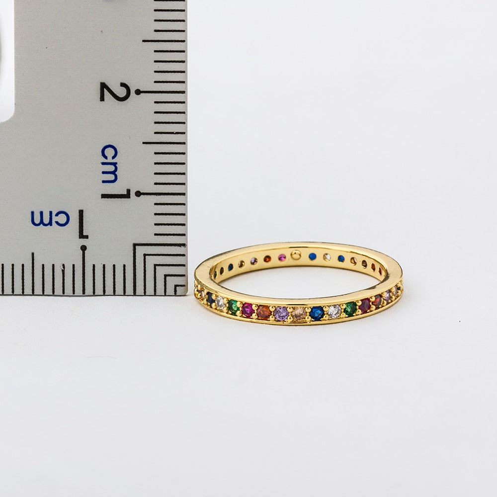 Colorful CZ Eternity Band Ring Thin Skinny Engagement Wedding Birthstone Rainbow Color Classic Simple Round Circle Finger Rings