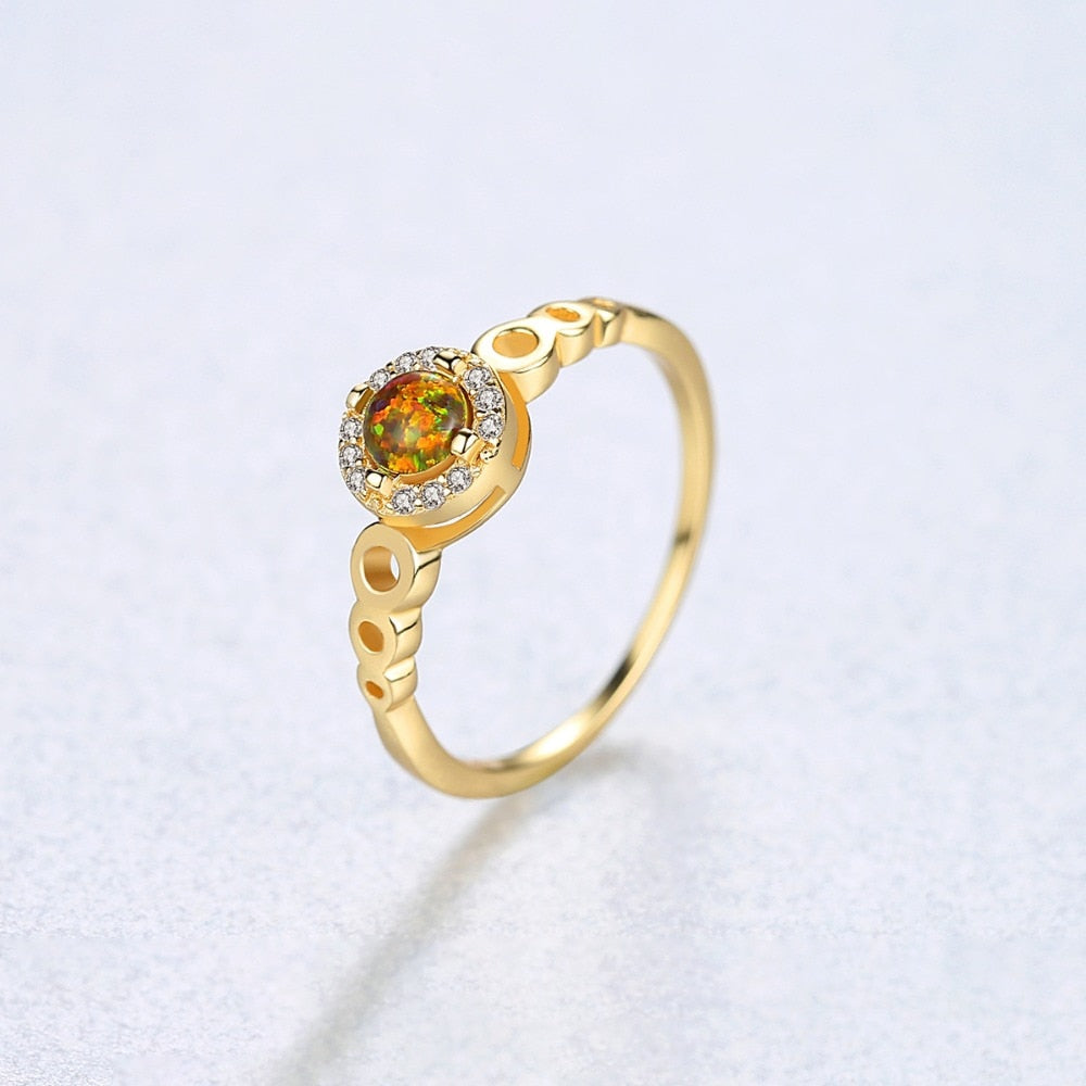 CZCITY Fashion 925 Sterling Silver 4mm Round Fire Opal Birthstone Rings for Women Colorful Original Gem Wedding Bridal Jewelry