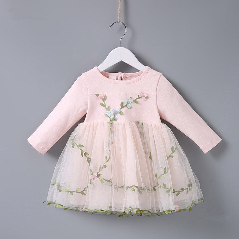 Spring Baptism princess birthday party flowers grass embroidery baby girls dress children clothes ball gown pink beige 0-2T