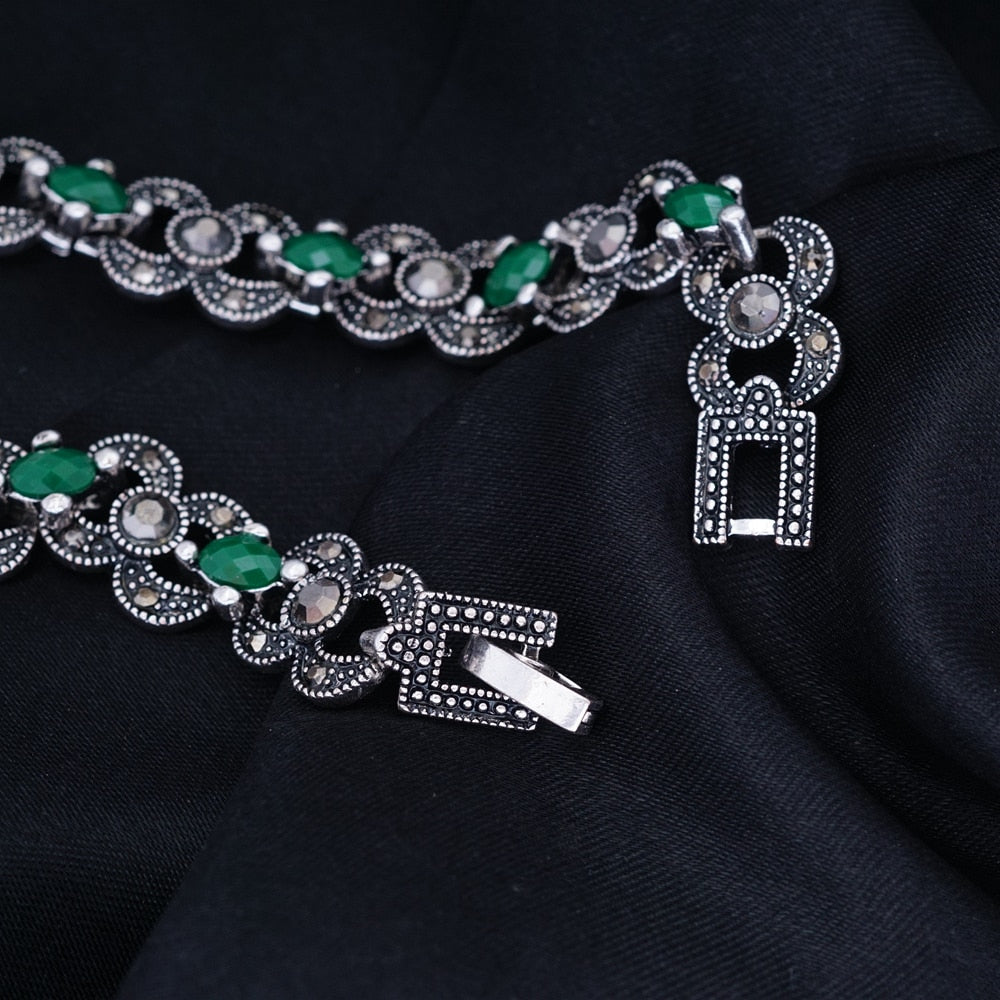 Yunkingdom Indian Woman Bohemian Ethnic Silver Color Bracelets Green Stones Jewelry Wholesale YUN0620
