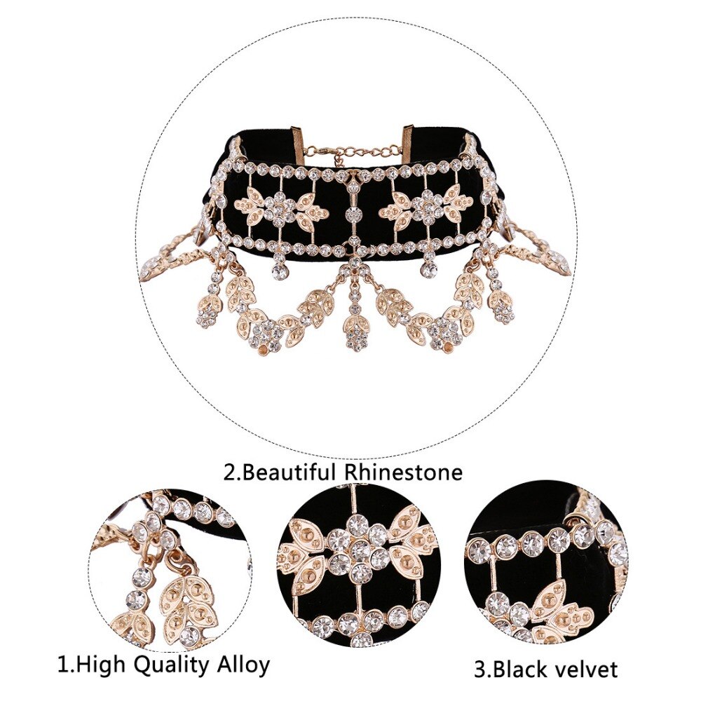 Black Velvet Choker Necklaces With Rhinestones Luxury Statement  Big Crystal Collar For Women and Girls Sparkly Accessories