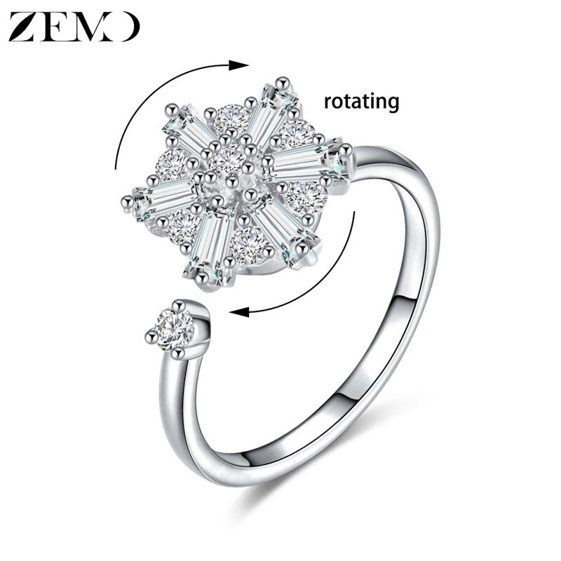 ZEMO Flower Rotate Rings for Women Crystal Rotating Finger Rings Adjustable Rose Gold Wedding Rings for Women Resizeable Anillos