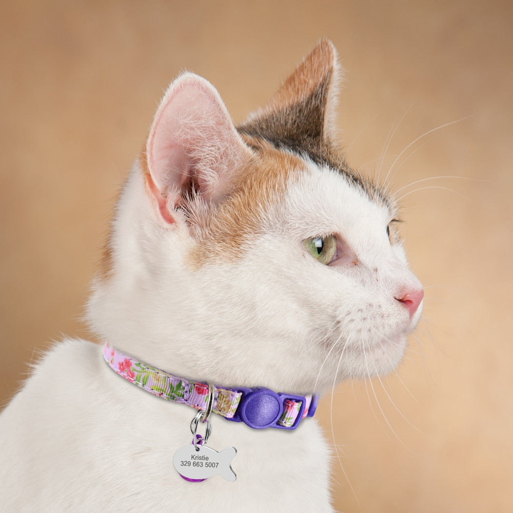 Personalized Pet Cat Collar With Bell Floral Custom Collars for Cats Kitten Puppy ID Name Tag Cats Collar Necklace for Small Pet