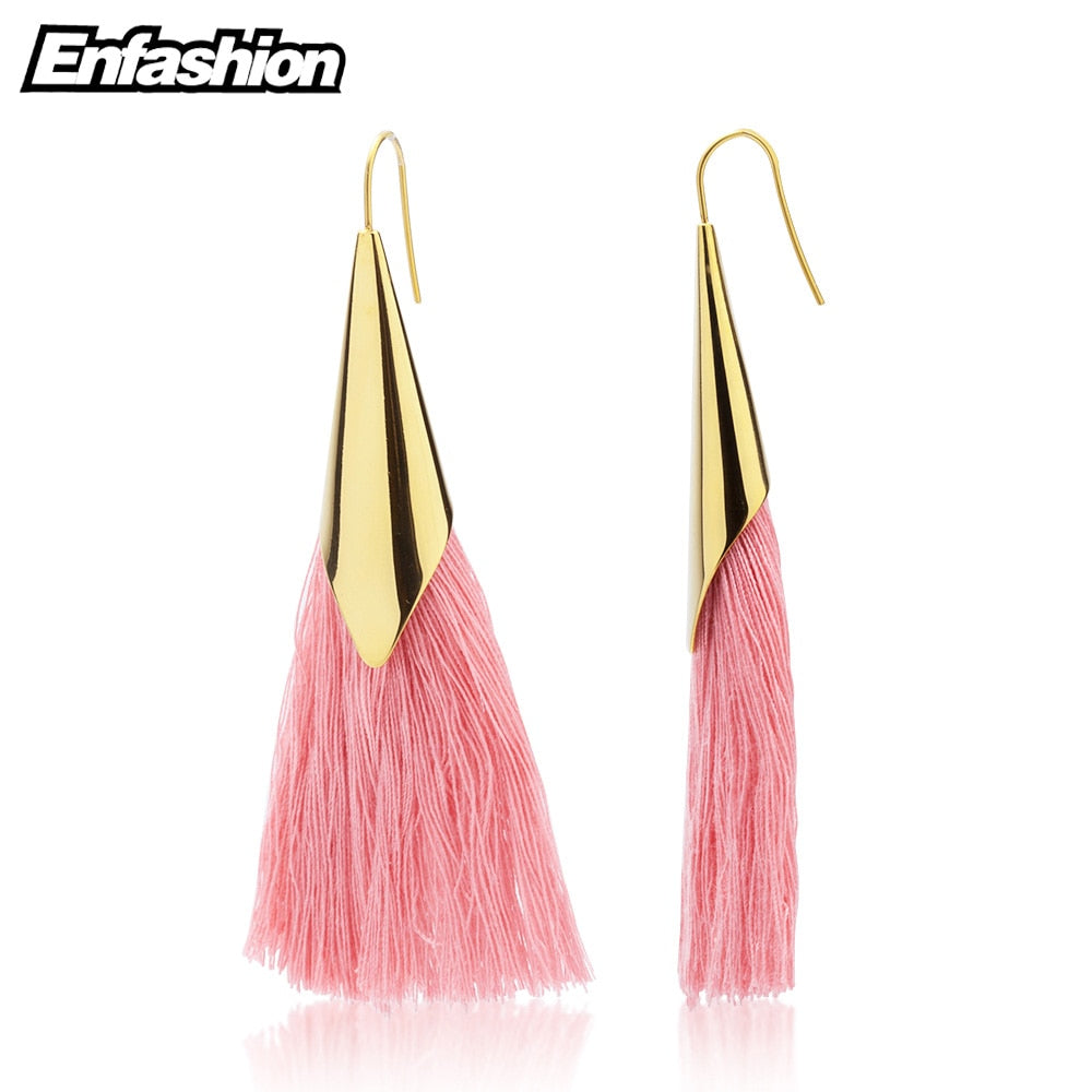 Enfashion Tassels Dangle Earrings Stainless steel Colorful fringe Long Drop Earrings For Women Trendy Earrings Jewelry EEF1013