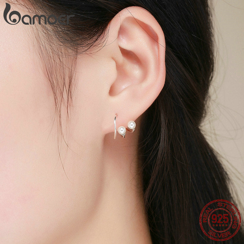 BAMOER 100% 925 Sterling Silver Earrings Elegant  Pearl Stud Earrings for Women Silver Jewelry SCE306