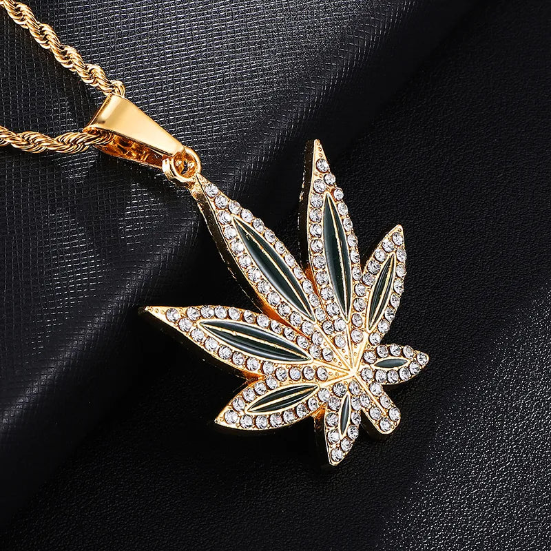 HIP Hop Full Rhinestoned Leaves Bling Iced Out Rope Chain Pendants &amp; Necklaces for Men Jewelry Gold Color