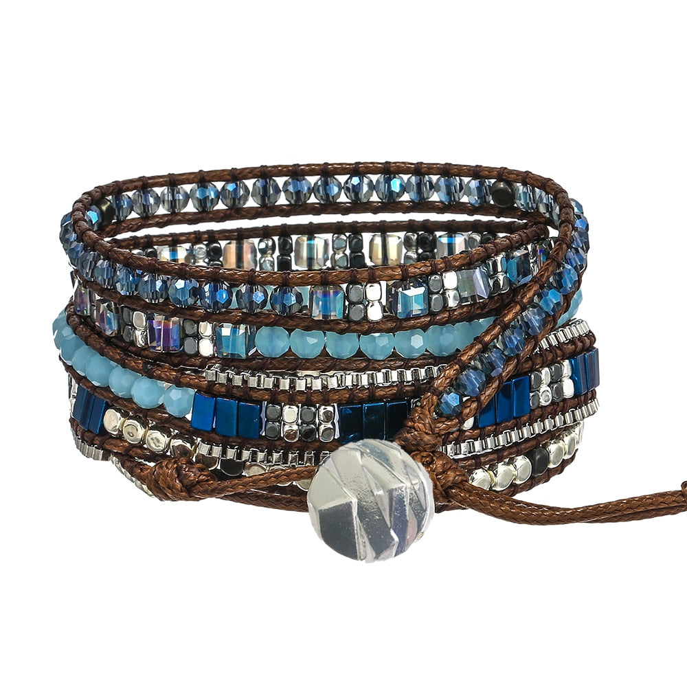 Men and Women 4mm Bead Blue Adjustable Bohemian Crystal Healing Wrap Statement Bead Bracelet