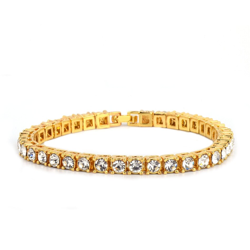 7inch 8inch Men&#39;s Hip hop Bracelet Tin Alloy Gold Color Iced Rhinestone Crystal 1 Row Tennis Chain Bracelet Street Rock