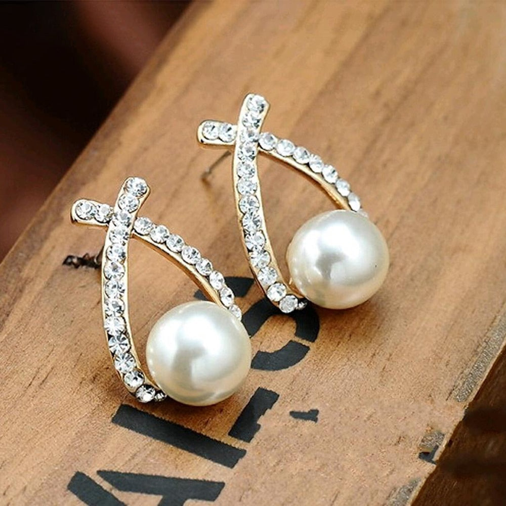 Korea New Fashion Gold Silver Color Cross Crystal Stud Earrings for Women Elegant Cute Pearl Earrings Brincos Jewelry Wholesale