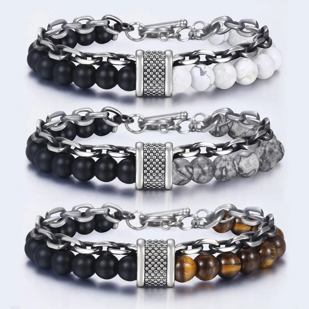 Trendsmax Natural Map Stone Men&#39;s Beaded Bracelet for women Stainless Steel Bracelets Male Jewelry Tiger eye 8 9 10 inch DB33