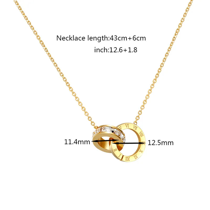 New A Circle Crystal Roman Numerals Double Buckle Pendant Woman Female Titanium Steel Gold Clavicle Necklace Jewelry