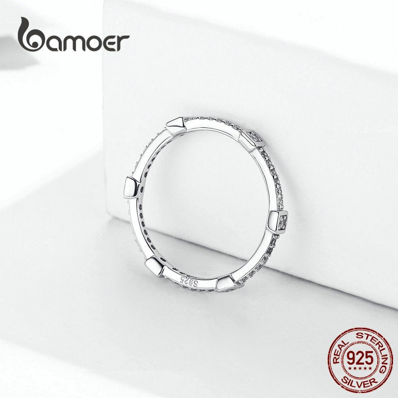 bamoer Square Geometric Stackable Finger Rings for Women Clear CZ 925 Sterling Silver Engagement Statement Jewelry SCR551