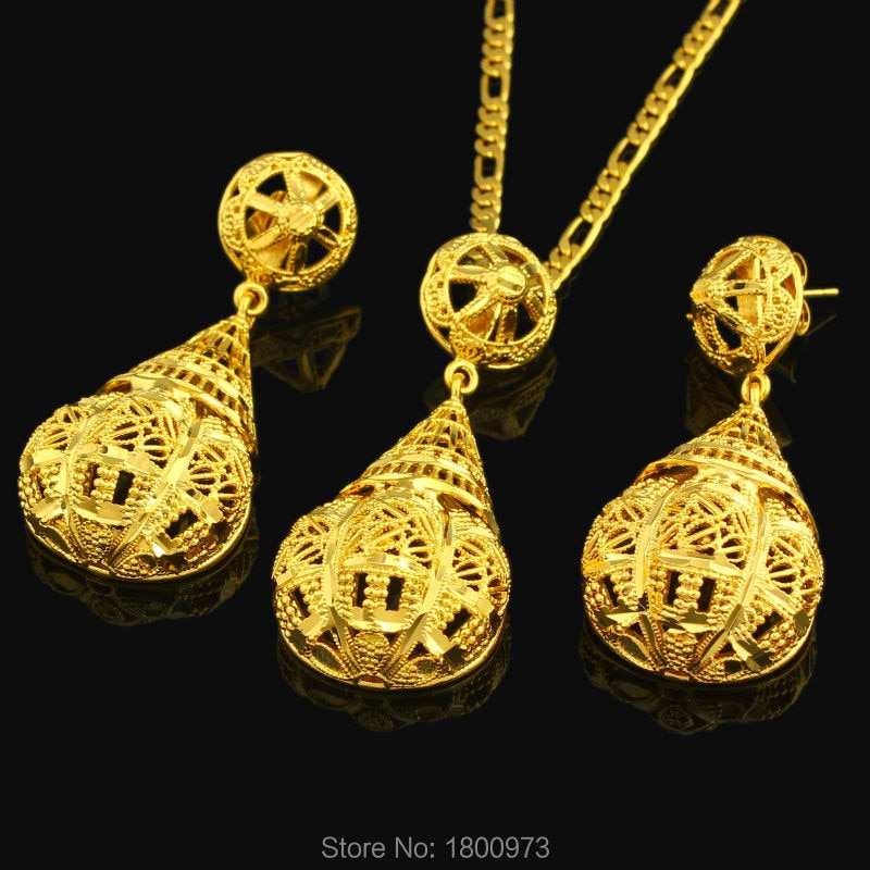 Adixyn NEW Ethiopian Conic Jewelry Set 24K Gold Color Earring/Necklace/Pendant Fashion Jewelry African/India/Habesha Giifts