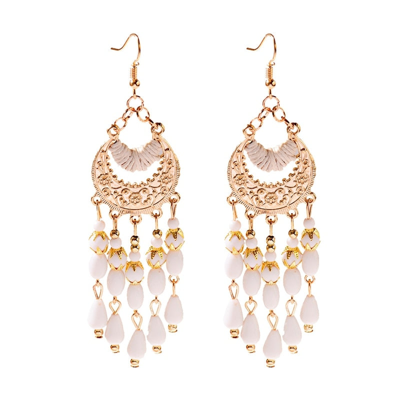 2020 Vintage Ethnic Bohemian White Beads Jhumka Earrings Geometric Metal Tassel Indian Earrings Tibetan Jewelry