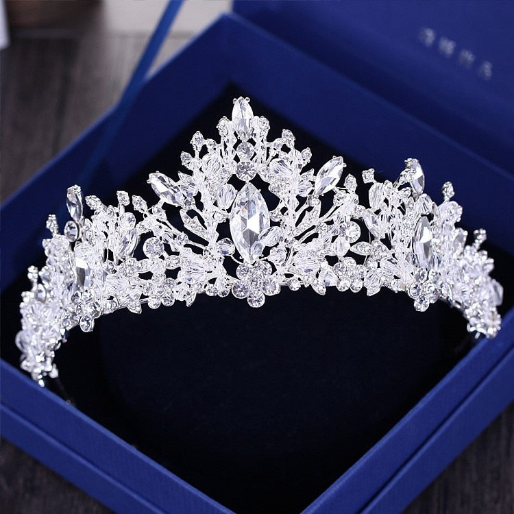 Baroque Luxury Blue Crystal Heart Bridal Tiaras Crowns Rhinestone Pageant Diadem Veil Tiara Headbands Wedding Hair Accessories