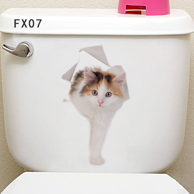 Vivid 3d Hole Cat Dog Animal Toilet Stickers Home Decoration Diy Wc Washroom Pvc Posters Kitten Puppy Cartoon Wall Art Decals