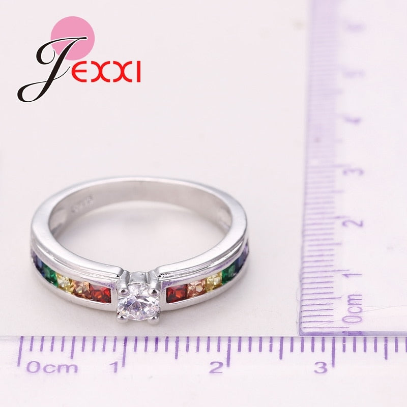 Real 925 Sterling Silver Various Colors Round Colorized Crystal Women Wedding Rings CZ Fashion Jewelry Ladies Accessories