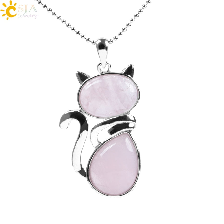 CSJA Reiki Natural Stone Necklaces Pink Quartz Pendants for Women Girl Cute Cat Shape Rock Black Onyx Beads Chain Jewelry F066