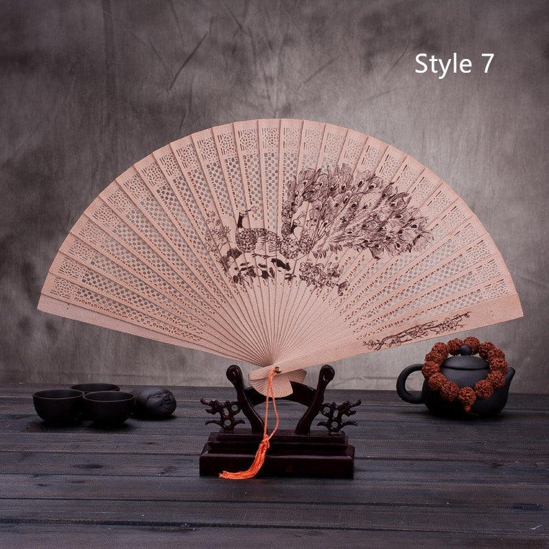 Chinese Japanese Folding Fan Original Wooden Hand Flower Bamboo Classical PrintedFan Ladies Dance Performance and Home Decor