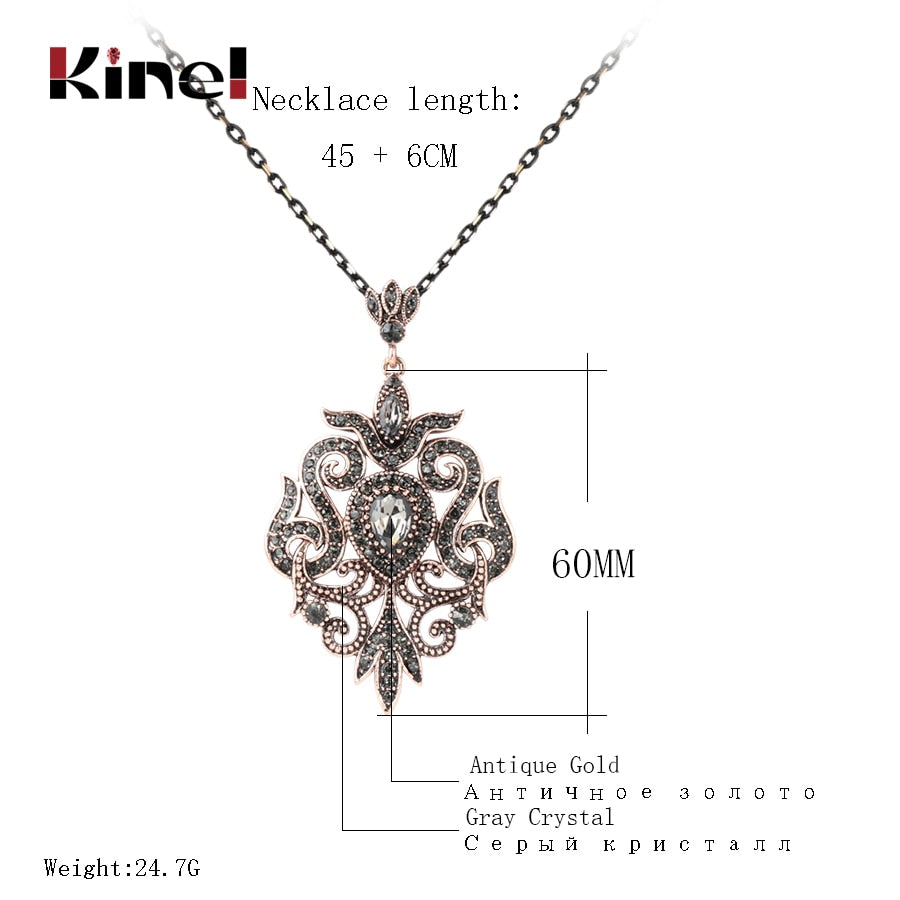 Kinel Unique Gray Crystal Pendant Necklace For Women Antique Gold Color Vintage Jewelry Party Accessories Luxury Gifts