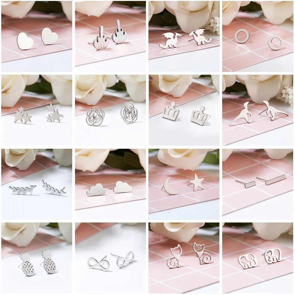 Stainless Steel Animal Heart Star Moon Stud Earrings for Women Korean Minimalist Earrings Jewelry Accessories Dropshipping