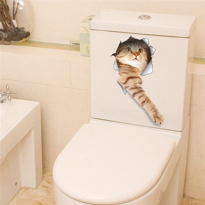 Vivid 3d Hole Cat Dog Animal Toilet Stickers Home Decoration Diy Wc Washroom Pvc Posters Kitten Puppy Cartoon Wall Art Decals