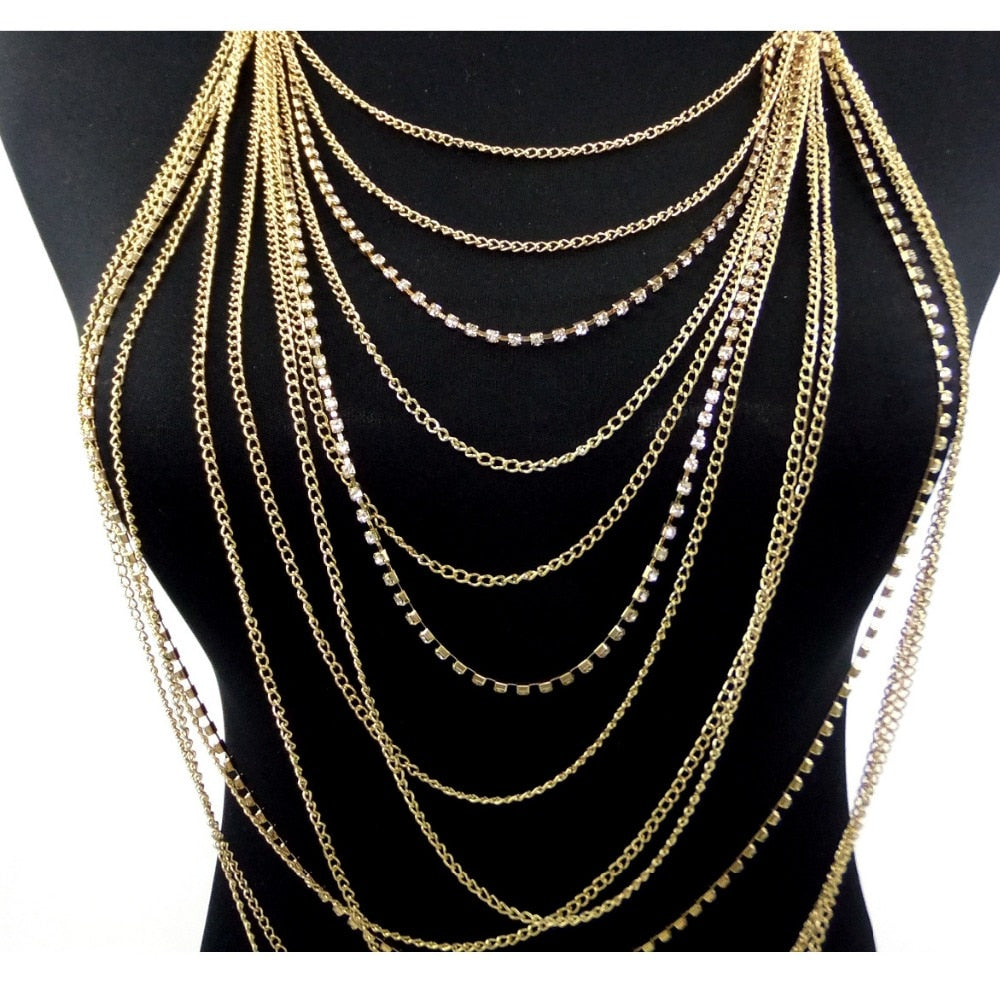 Multi Layer Chain Necklace Women Statement Fashion Rhinestone Necklaces Tassel Maxi Colar Party Accessories