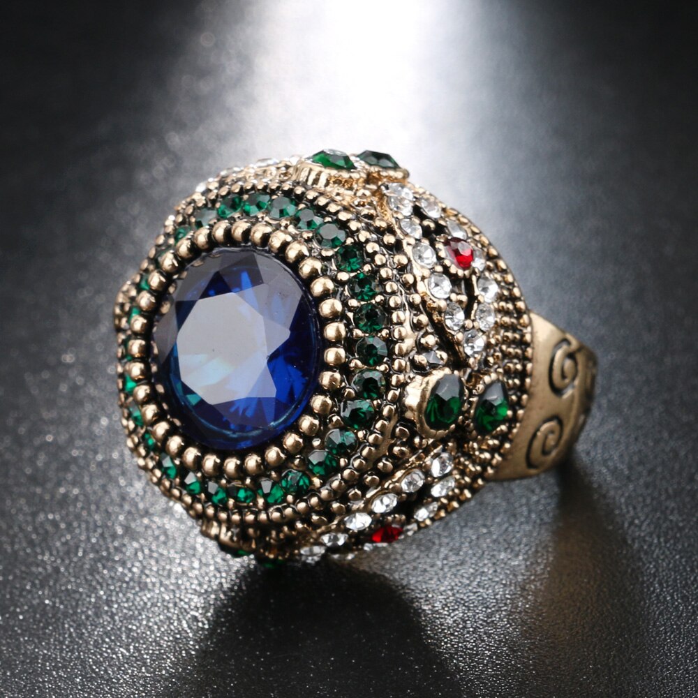 Luxury Dubai Gold Big Blue Stone Ring Mosaic Colorful Crystal Crown Wedding Rings For Women Vintage Boho Statement Jewelry