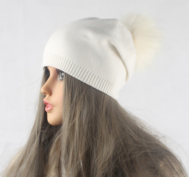 Autumn Winter Pompom Beanie Hat Women Wool Knitted Skullies Beanies Casual Female Cashmere Cap Real Raccoon Fur Pompom Hat