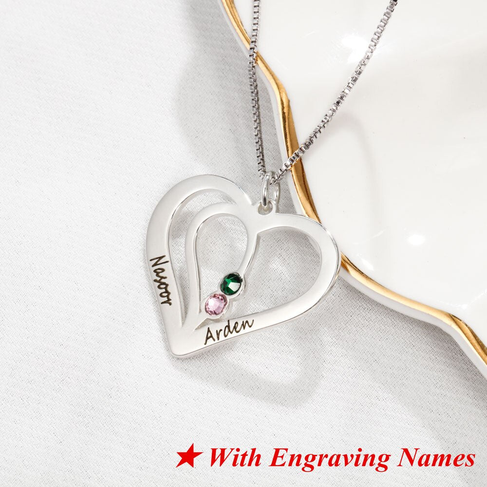 Personalized Engraved Name Heart Necklaces &amp; Pendants for Women Custom Birthstone Silver Color Friendship Necklace