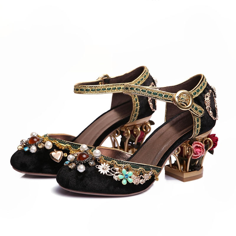 Phoentin velvet strap Chinese wedding shoes women crystal buckle pearl rhinestone flower decoration mary jane shoe FT267