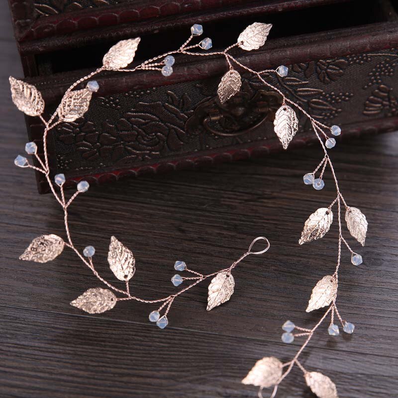 FORSEVEN Rose Gold Leaf Crystal Bride Headband Bridal Headpiece Hair Accessories Women Wedding Tiaras and Crowns Head Jewelry