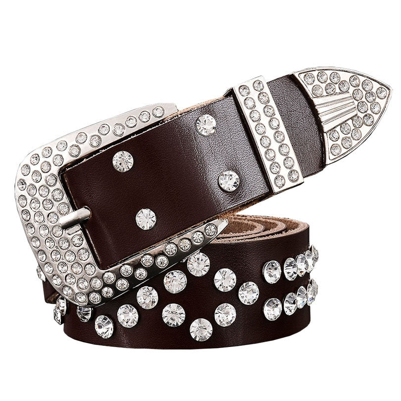 Fashion rhinestone genuine leather belts for women Luxury Pin buckle woman belt Quality second layer cow skin strap width 3.3 cm