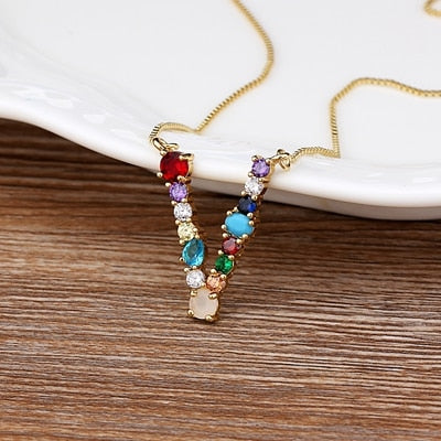 New Arrival Hot Sale Personal Name Letter Necklace Rainbow CZ Initials Alphabet Women Girls Gorgeous Family Jewelry Gift