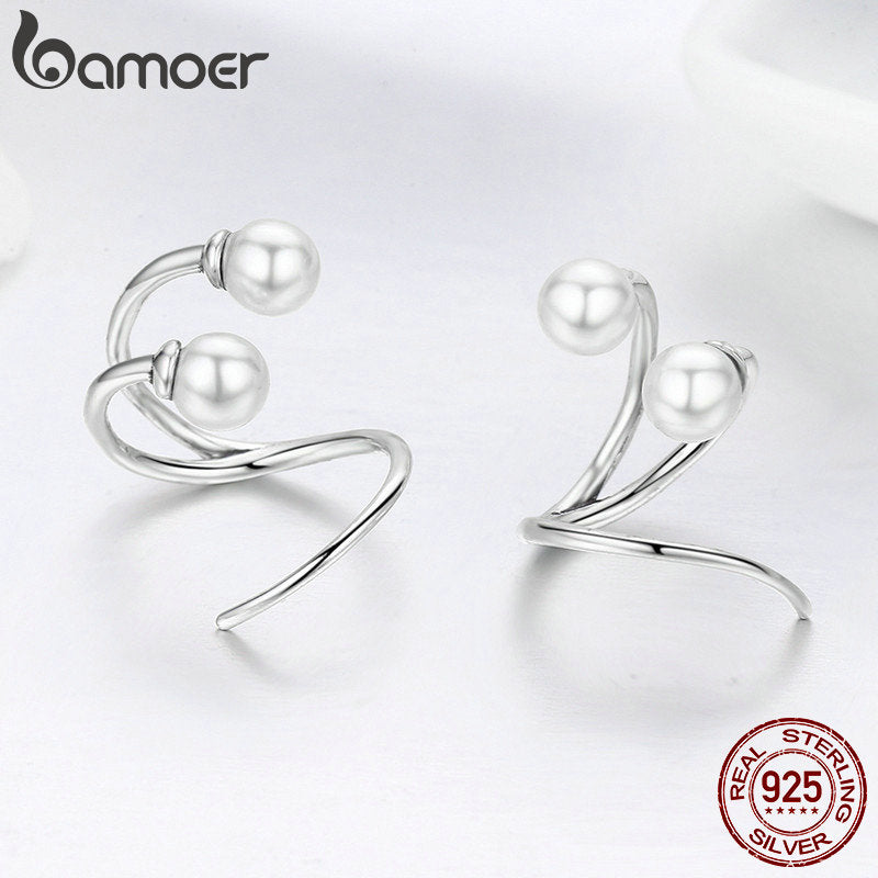 BAMOER 100% 925 Sterling Silver Earrings Elegant  Pearl Stud Earrings for Women Silver Jewelry SCE306