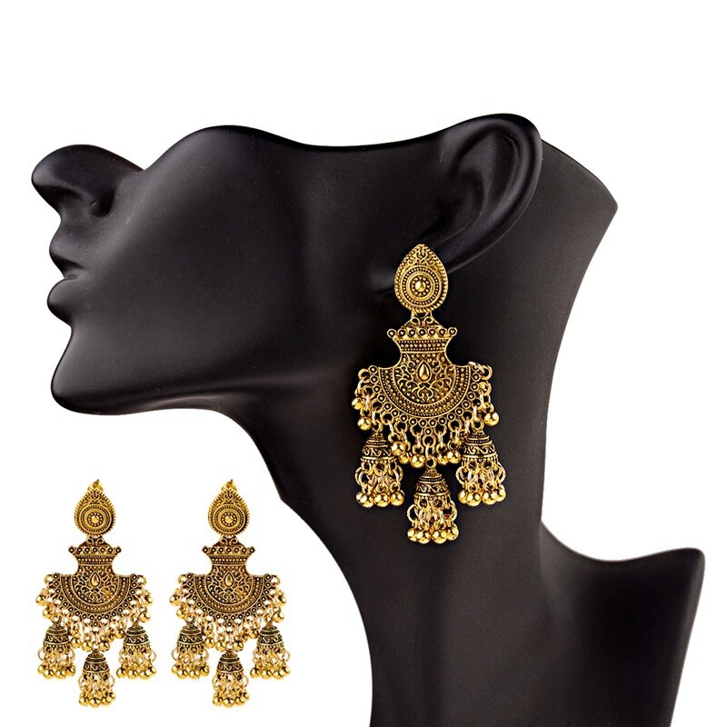 New Ethnic Vintage Women's Geometric Turkish Jhumka Earrings Indian Jewelry Gold Color Tassel Dangling Earrings Turkey Jewelry