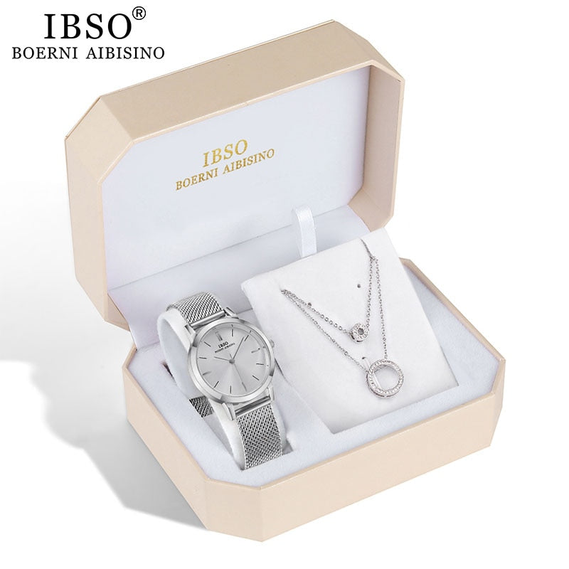 IBSO Brand Women Watch Set Silver Necklace Quartz Watch Set Female Jewelry Set Fashion Creative Crystal Quartz Watch Lady&#39;s Gift