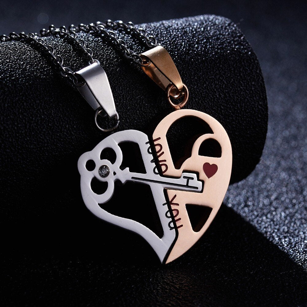 Couple Necklace Broken Heart 2 pcs Key Locket Dad Mom Love you Pendant Necklace Double Color Friends Family Lovers Jewelry Gift