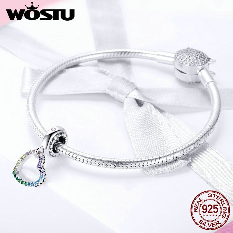 WOSTU 925 Sterling Silver Dazzling Rainbow Heart Dangle Charms fit Original DIY Bead Bracelet Necklace Jewelry Gift Lover CQC896