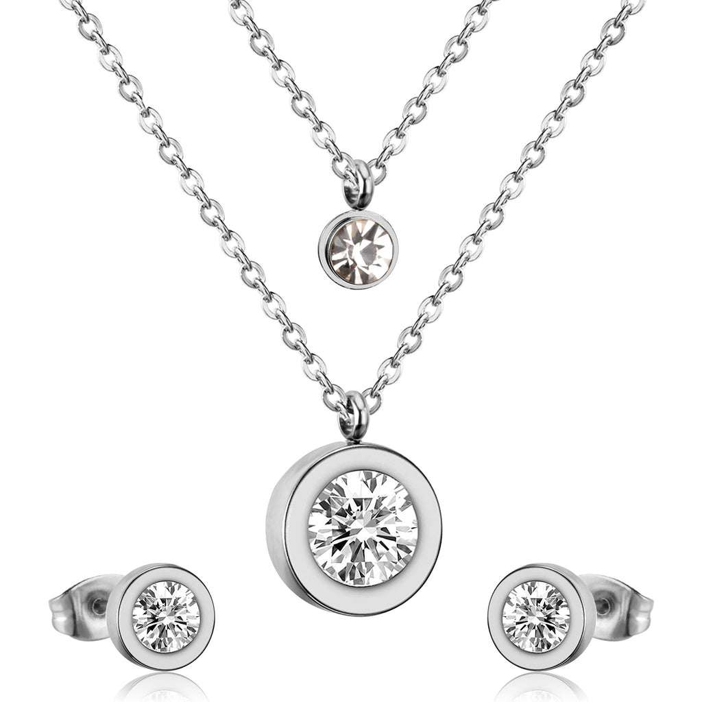 Stainless Steel Crystal Jewelry Set for Women and Girls: Luxury Double Round Pendant Necklace and Earrings.