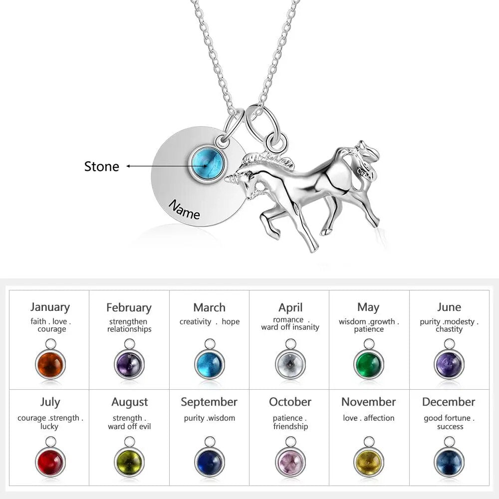 Customized Birthstone Round Metal &amp; Horse Pendant Necklace Personalized Engraved Custom Name Jewelry Gift (JewelOra NE103215)