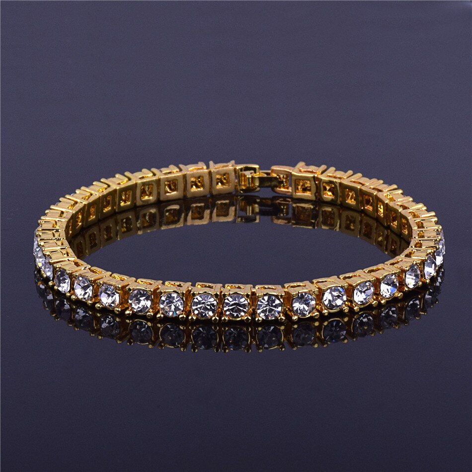 7inch 8inch Men&#39;s Hip hop Bracelet Tin Alloy Gold Color Iced Rhinestone Crystal 1 Row Tennis Chain Bracelet Street Rock