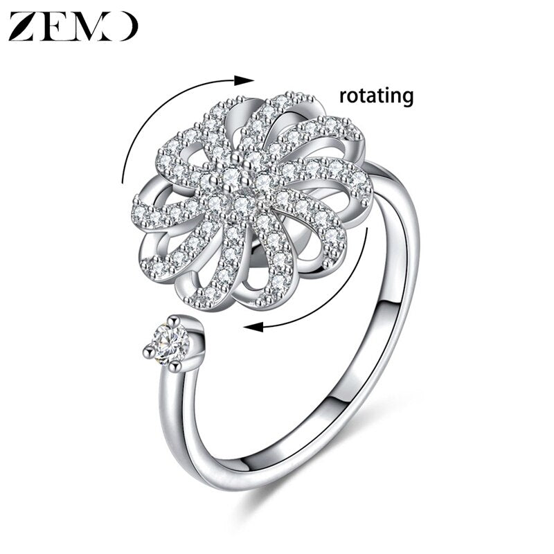 ZEMO Flower Rotate Rings for Women Crystal Rotating Finger Rings Adjustable Rose Gold Wedding Rings for Women Resizeable Anillos