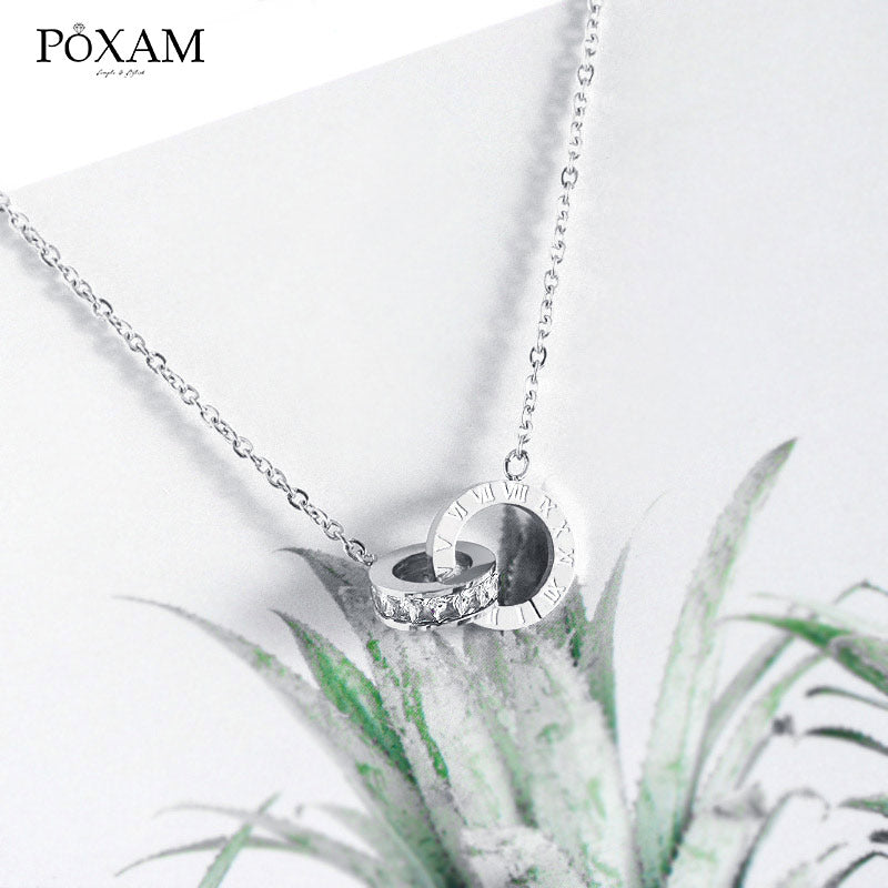 POXAM Luxury Elegant Crystal Choker Fashion Roman Digital Stainless Steel Gold Silver Color Pendant Necklaces for Women Jewelry