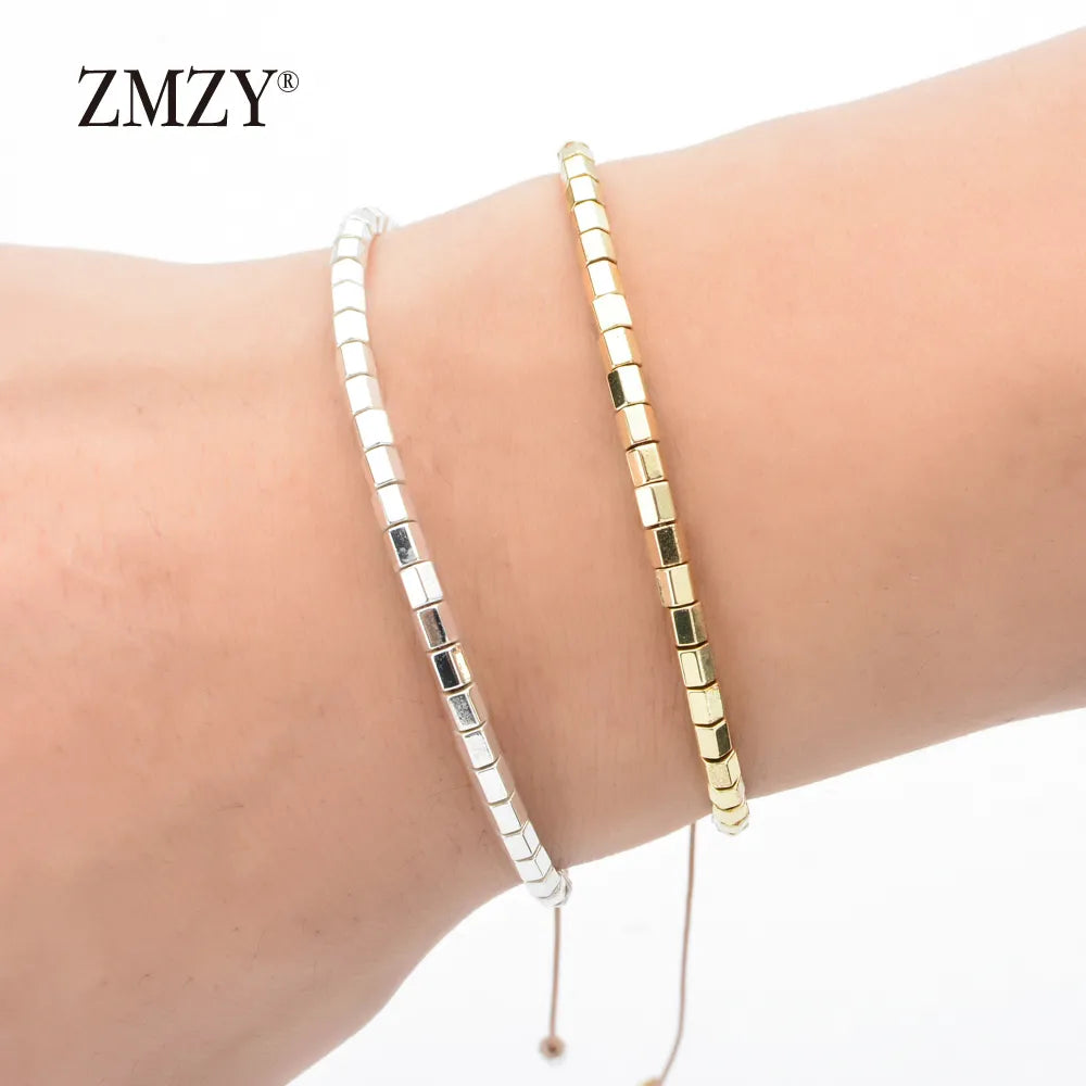 ZMZY Adjustable Square Silver Plated Hematite Bracelets Minimalist Small Beads Braclet For Women Yogo Biker Hand Jewelry