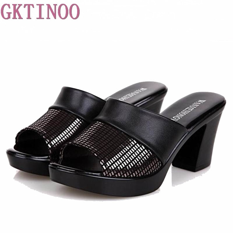 2023 New Women Sandals Women Slippers Genuine Leather Thick High-heeled Color Block Decoration Open Toe Women Sandals