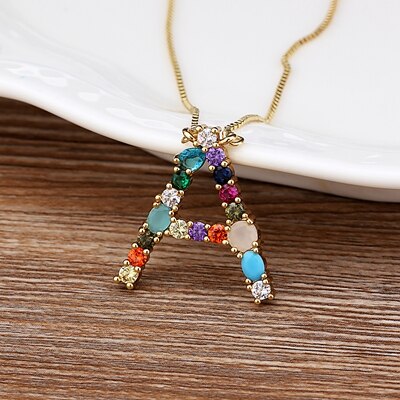 New Arrival Hot Sale Personal Name Letter Necklace Rainbow CZ Initials Alphabet Women Girls Gorgeous Family Jewelry Gift