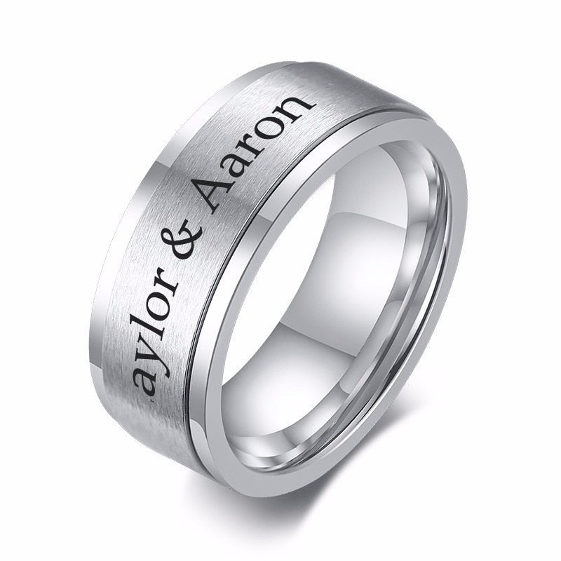 8MM Men's Top-Engraved Spinner Ring in Black and White Stainless Steel Men Wedding Band Male Jewelry Personalized