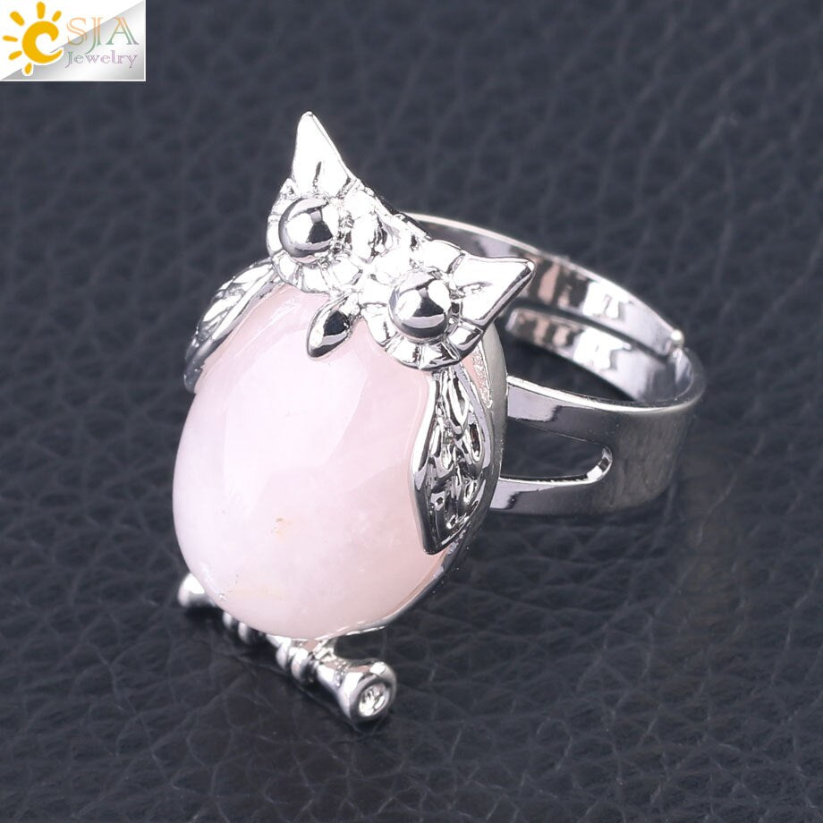 CSJA Lovely Owl Women Finger Ring Natural Stone Cabochon Bead Adjustable Rings Silver-color Cute Animal Charm Party Jewelry F566