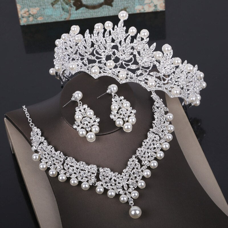 Fashion Crystal Pearl Costume Jewelry Sets Rhinestone Statement Necklace Earrings Crown Tiaras Set Women Wedding Jewelry Sets